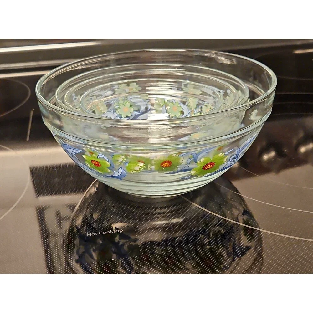 Set Of 4 Imperial Glass Green Sunflower Blue Leaves Nesting Bowls EUC